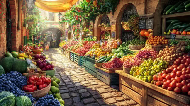 Colorful fruit and vegetable market. Stand with a variety of fresh produce for sale photo