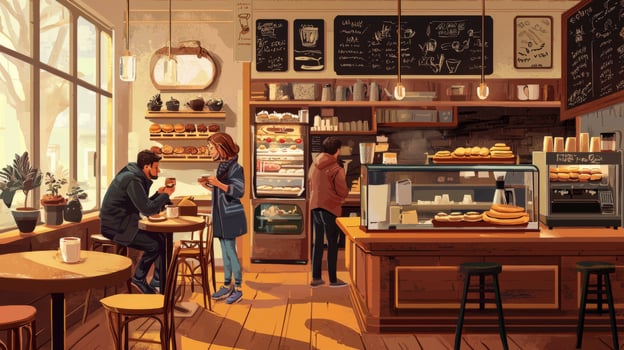Cozy cafe with people enjoying coffee and pastries in cartoon style. Ambiance is inviting and serene photo