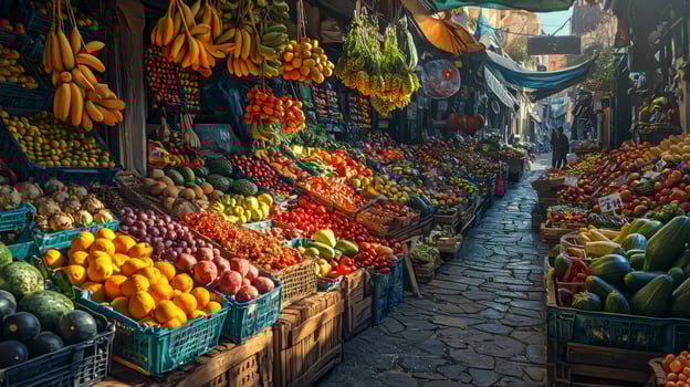 Colorful fruit and vegetable market. Stand with a variety of fresh produce for sale photo