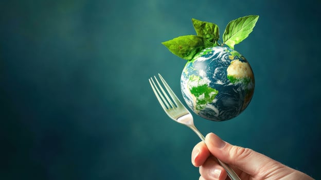 Earth on fork and green leaf concept photo
