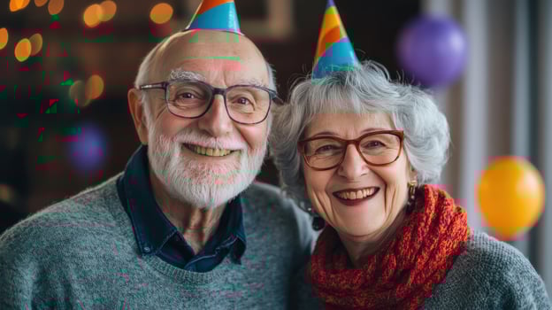 An older couple with party hats on photo