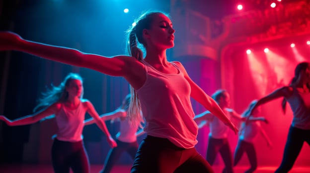 Dynamic dance performance in theater. Artistic performance in theater ambiance. Modern dance photo