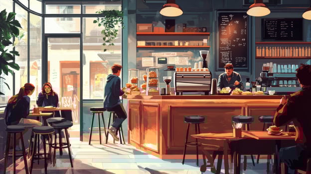 Cozy cafe with people enjoying coffee and pastries in cartoon style. Ambiance is inviting and serene photo