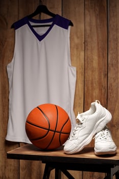 White sneakers and basketball ball against wooden background photo