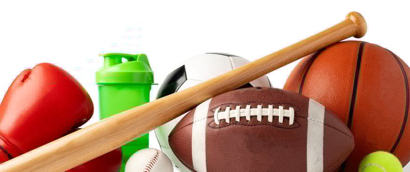 Assorted sports equipment isolated on white background photo