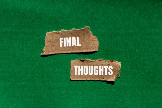 Final thoughts message written on ripped torn paper pieces with green background. Conceptual final thoughts symbol. Copy space. photo
