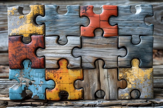 Vintage Wooden Puzzle Pieces on Rustic Wooden Background - Perfect for Home Decor, Posters, and Creative Designs photo