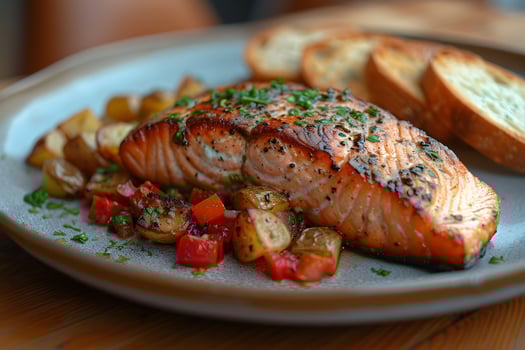 Grilled Salmon Fillet with Roasted Potatoes and Tomato Salsa for Gourmet Cuisine and Cooking Designs photo