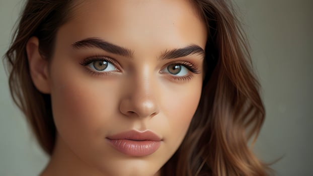 Close-up of beauty face young model with glowing healthy skin, natural makeup. Perfect skin, skincare, cosmetic concept photo
