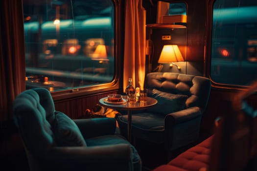 Cozy evening in a vintage train compartment adorned with warm lights and elegant seating photo