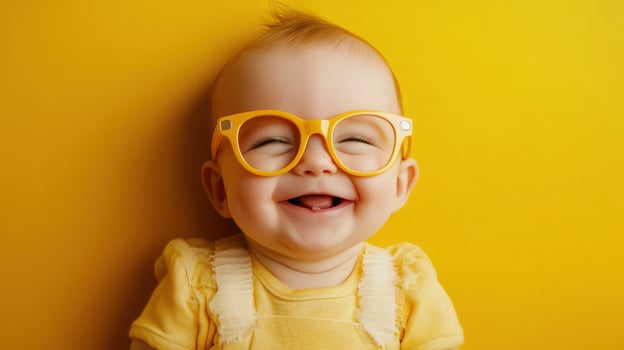 A baby wearing glasses on a yellow background photo