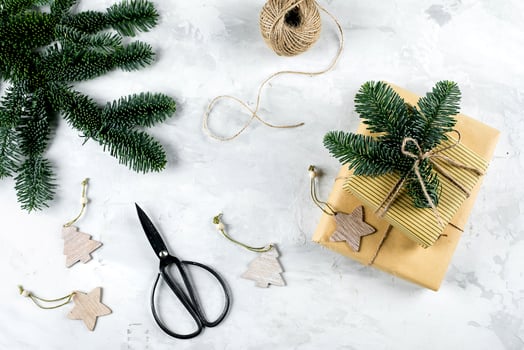 Zero Waste Christmas. Holiday gifts, fir tree branches and festive decoration photo