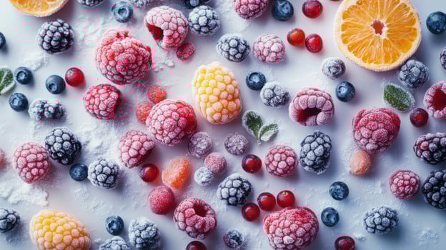 Fresh fruits and berries on a white surface photo