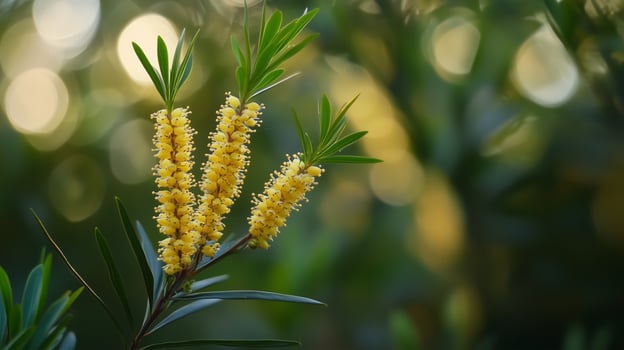 Bright yellow flowers bloom on slender branches, surrounded by lush green foliage in warm sunlight during a serene afternoon photo