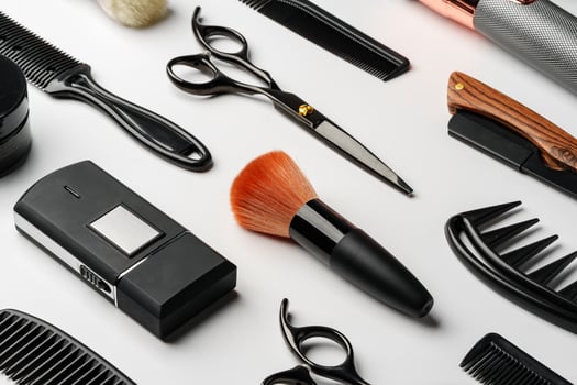 Pattern of various shaving and bauty care accessories for men on gray background photo