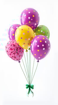 Scenery of red, purple, pink, and yellow-colored lace balloons for happy birthday photo