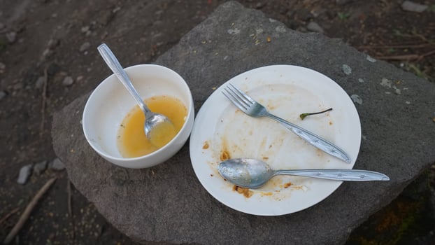 Photo of dirty plates and bowls after eating