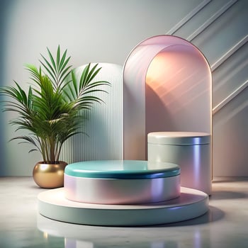 A round table with a plant and a lamp photo