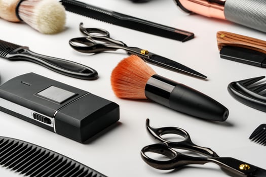 Pattern of various shaving and bauty care accessories for men on gray background photo