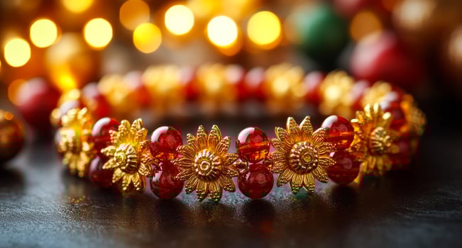 A gold and red flowery bracelet with beads. The bracelet is on a dark surface. The bracelet is very pretty and shiny. Happy Raksha Bandhan nice creative wallpaper background photo