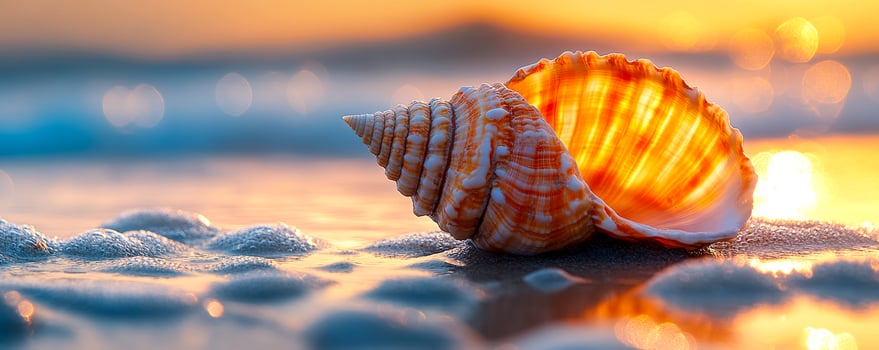A large shell is laying on the sand, with the sun reflecting off of it. The scene is serene and peaceful, with the shell as the main focus photo