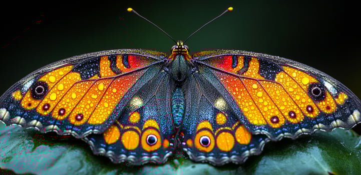 A butterfly with orange and blue wings is sitting on a leaf. The butterfly is the main focus of the image, and the colors of its wings create a sense of vibrancy and beauty photo