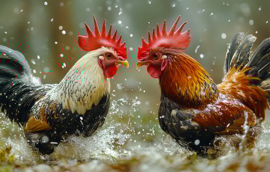Cockfighting. Two roosters are splashing around in the rain, one is white and the other is brown. They are both enjoying the water and each other's company photo