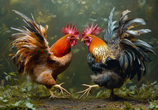 Cockfighting. Two roosters are fighting in a field. The roosters are black and brown. Scene is aggressive and competitive photo