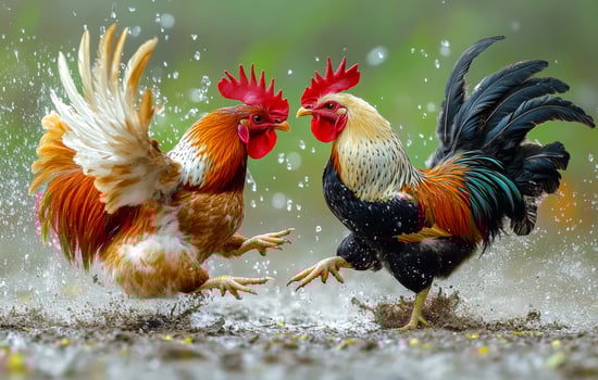 Two roosters are fighting in the rain. One is black and the other is orange and white. Cockfighting photo