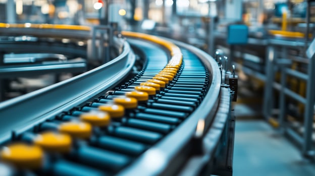 Conveyor belt transporting items in an industrial facility during daytime operations photo