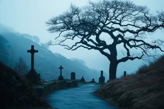 Foggy cemetery with weathered tombstones. Mysterious atmosphere photo
