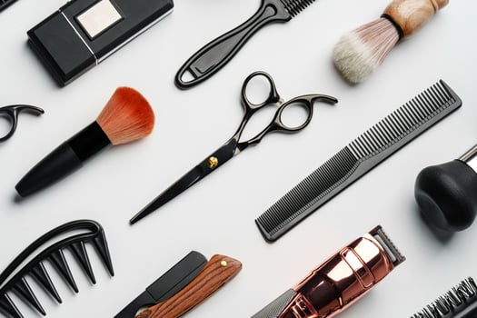 Pattern of various shaving and bauty care accessories for men on gray background photo