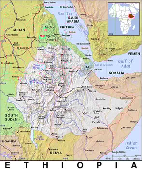 Ethiopia map with the capital and major cities photo
