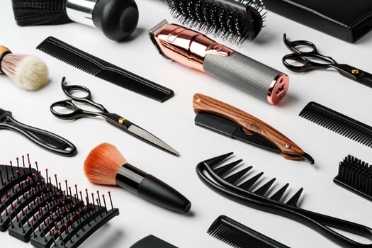 Pattern of various shaving and bauty care accessories for men on gray background photo