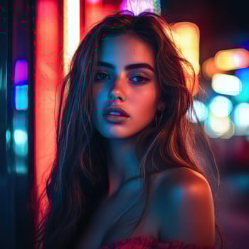 Young woman posing confidently in neon-lit urban street at night photo