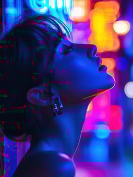 Young woman in profile illuminated by colorful neon lights at night photo