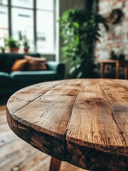 Rustic wooden table in a cozy living room with plants and sofa photo