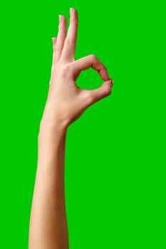 Hand Gesturing Okay Sign Against a Vibrant Green Background photo