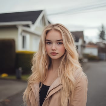 Young woman with long blonde hair on a suburban street photo