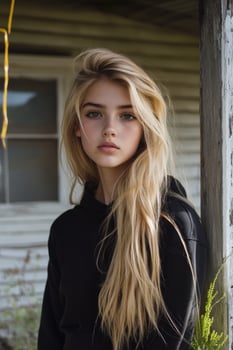 Young woman in a black hoodie poses near an old rustic building photo