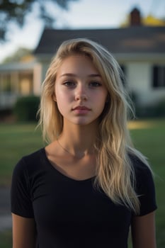 A young woman stands confidently outdoors in late afternoon sunlight photo