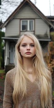 Young woman with long hair by an old house on a cloudy day photo