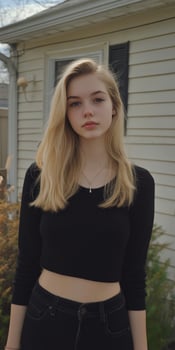 Young woman standing outdoors near a house on a bright day in spring photo