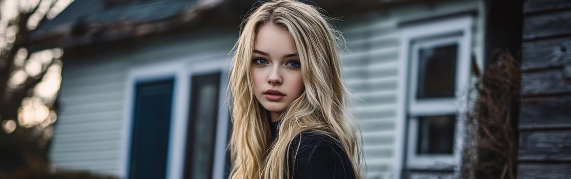 Young woman standing near a rustic house during the golden hour photo