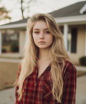 Young woman in a plaid shirt stands outside a house in autumn photo