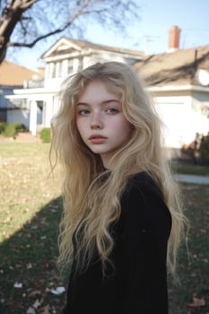 Young girl with long hair stands in an autumn yard near her home photo