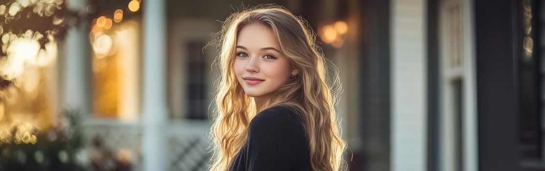 Young woman with long hair enjoying golden hour light outdoors photo