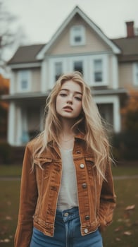 Young woman in a casual jacket poses in front of a vintage house photo