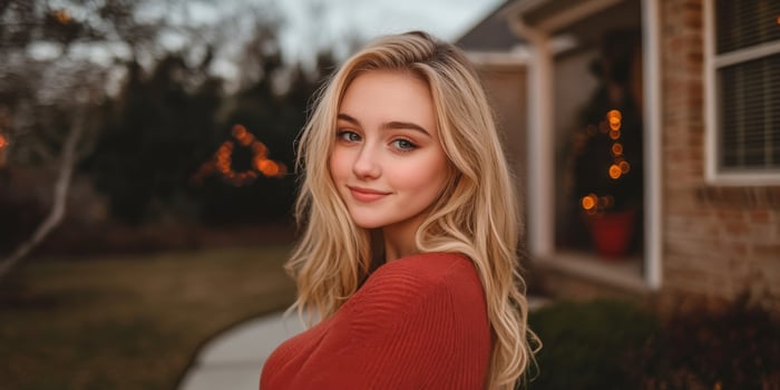 Young woman with blonde hair smiles in front of a cozy home at dusk photo