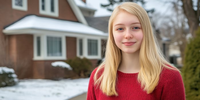 A young girl in a red sweater poses outside a suburban home in winter photo